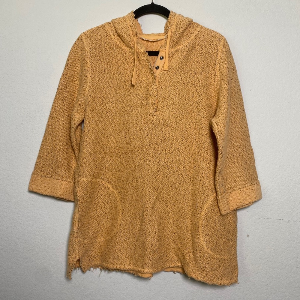 Soft Surroundings Womens Large Mustard Yellow Textured Knit Henley Hoodie Lounge